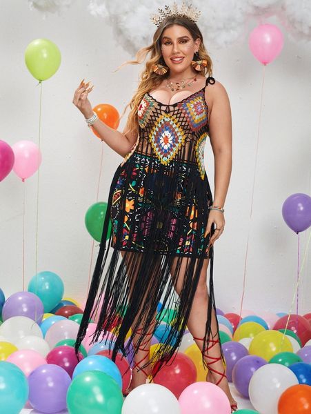 

plus geo pattern crochet fringe hem cover up t29h#, Black