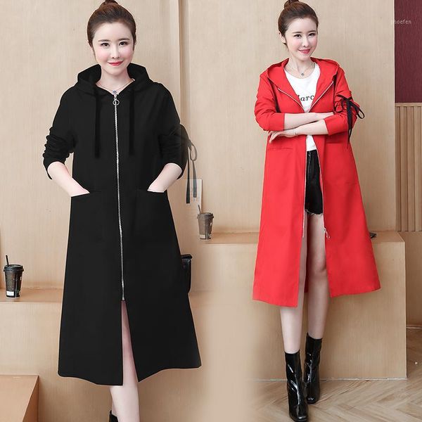 

2020 spring autumn plus size trench coat women hooded fashion casual long solid color windbreaker ladies overcoat tide 5xl q12071, Tan;black