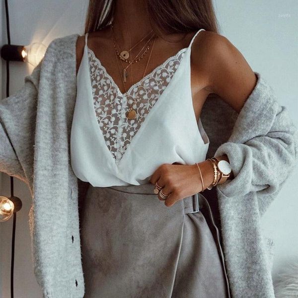 

2018 summer women's shirt new loose casual wild lace v-neck perspective halter women tank camis s00381, White