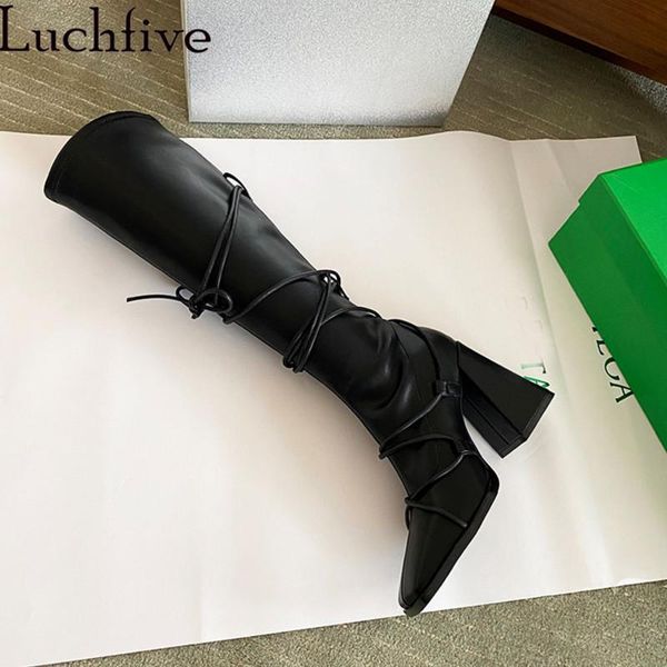 

boots tribe knight women square toe chunky heel bandage design elastic leather ins versatile slim knee high woman, Black
