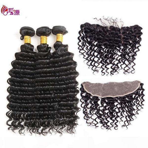 

100% unprocessed deep wave virgin remy human hair 3 bundles with ear to ear lace closure brazilian virgin hair bundles with closure, Black;brown