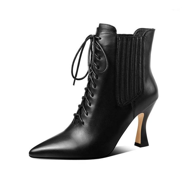

boots cow leather thin high heels women ankle autumn winter warm shoes woman office lady elegant pointed toe women1, Black