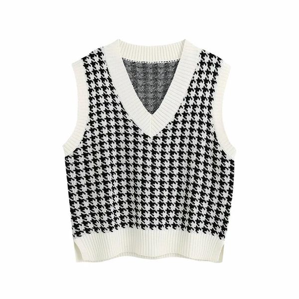 

new autumn winter women plaid vest v-neck sleeveless knitted sweater casual chic lady pullover female pull woman clothes y201128, White;black
