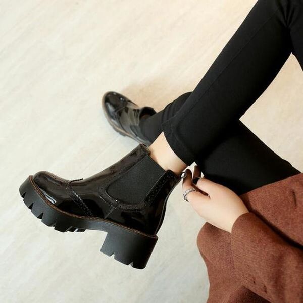 

boots women ankle mid heels shoes woman shiny pu leather slip on british warm shoe chaussures femme zapatos mujer sapato d2167, Black