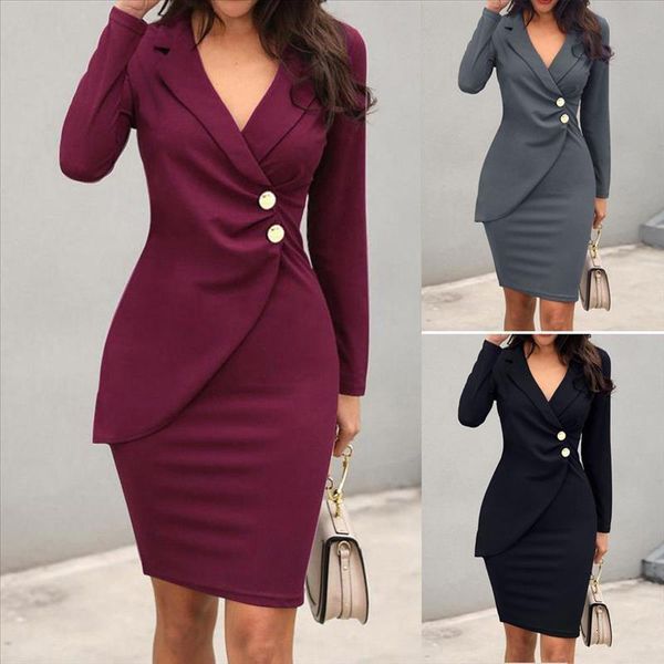 

autumn dress women office lady solid turn down neck long sleeve buttons bodycon work formal dress hip wholesale, Black;gray