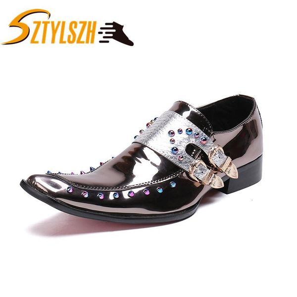 

italian brand mens formal shoes bright patent leather comfortable double buckle straps rivets wedding shoes zapatos de cuero, Black