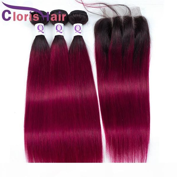 

two tone burgundy raw virgin indian closure with extensions straight human hair 3 bundles with lace closure 4pc red ombre weaves closure, Black;brown