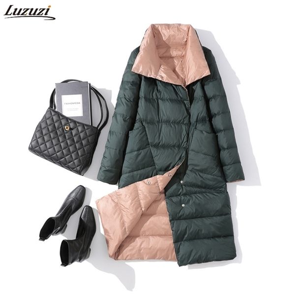 

luzuzi women double sided down jacket winter turtleneck white duck down coat double breasted warm padded parkas snow long coat 200923, Black