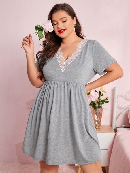 

plus lace trim sleepshirt d8ae#, Black;white