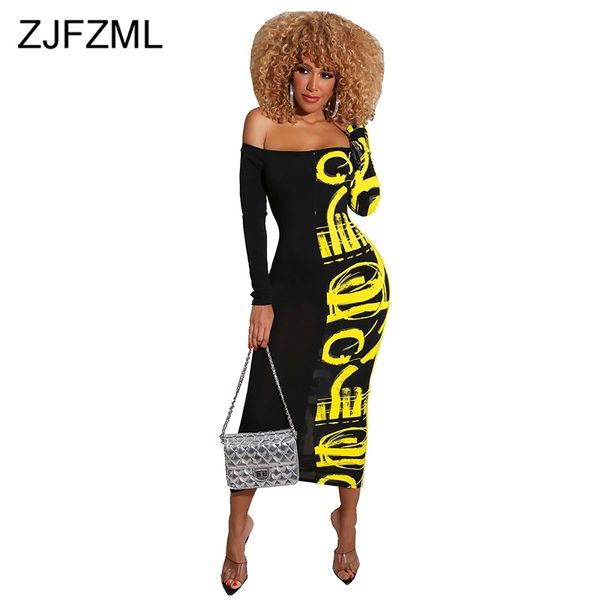 Carta impressa sexy fora do ombro vestido mulheres luva longa aberta volta bodycon vestido plus size benda alta cintura wrap long dresses t200516