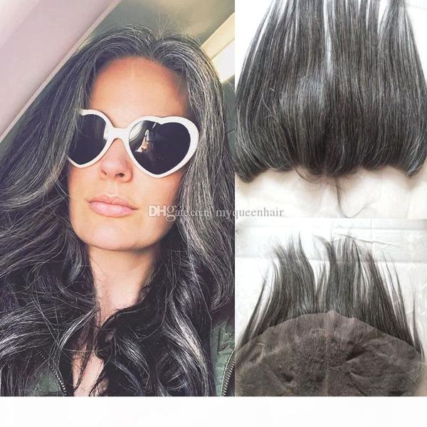 

my queen mix grey lace frontal closure 13*4 black gray ear to ear human hair lace frontal grey hair for grandma straight, Black;brown