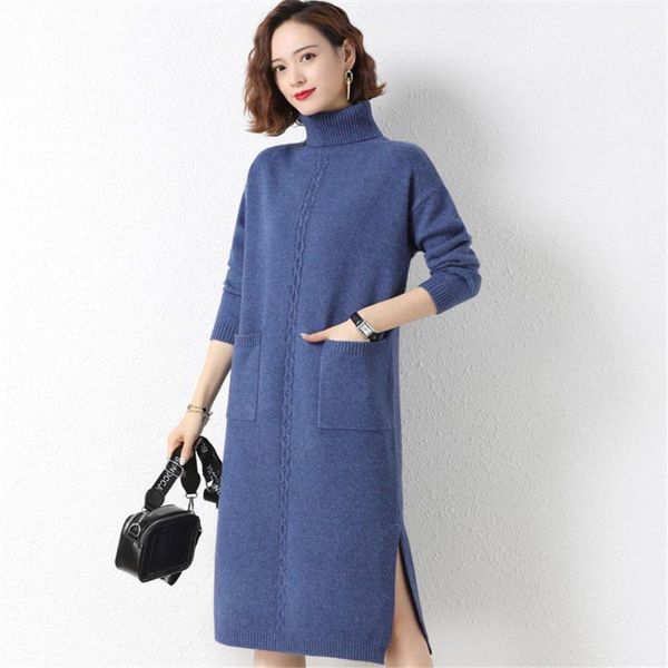 

casual dresses high collar women's medium and long bottoming shirt thickened knitted dress in 2021, Black;gray