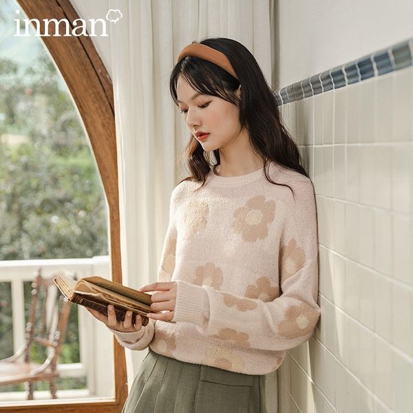

inman autumn new arrival sweet flower jacquard o-neck pullover loose women sweater 201030, White