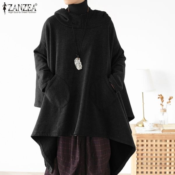 

women's autumn sweatshirts zanzea stylish asymmetrical casual long sleeve hooded hoodies female solid plus size tunic 5xl y200915, Black