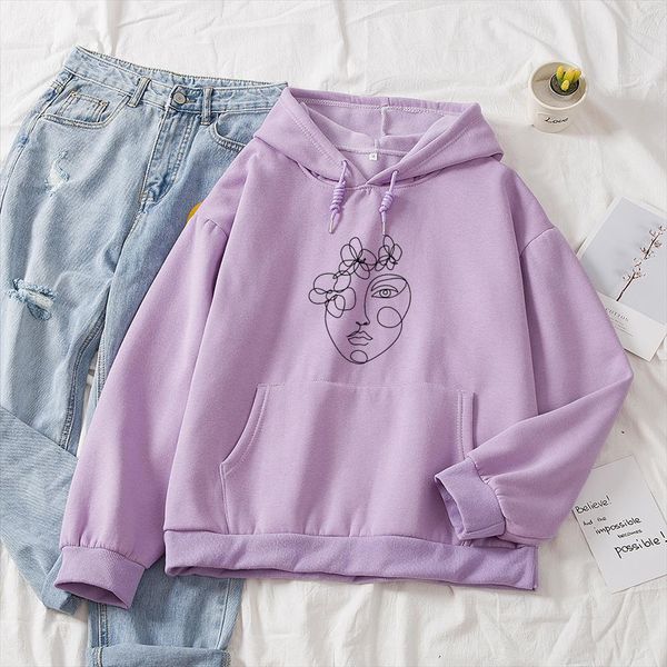

harajuku эстетической хлопок hoodie цветы лицо печать топы женщин хлопок толстовка элегантного graphic jumper пуловер sudadera mujer, Black