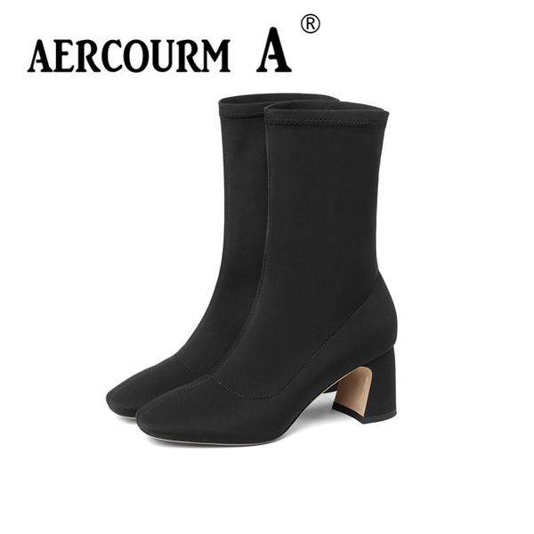 

aercourm a 2020 women stretch fabric mid-calf boots winter short plush boots solid color square toe 34-43, Black