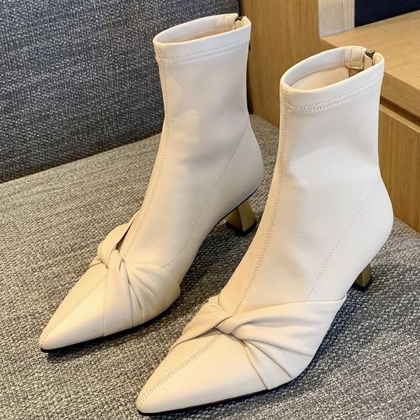 

women's great pu leather thin high heel elegant ladies autumn ankle boots pleated bow tie korean style dress short booties shoes, Black