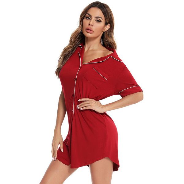 

women's sleepwear women short sleeve nightgown button up nightshirt modal bf sleep shirt soft pjs sleepshirt, Black;red