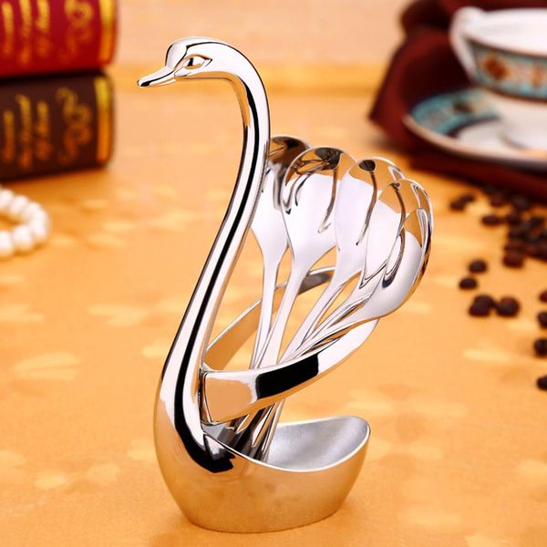 

elegant swan base holder fruit forks cutlery set stainless steel salad dessert forks coffee spoon tableware wedding supply h jllsxu