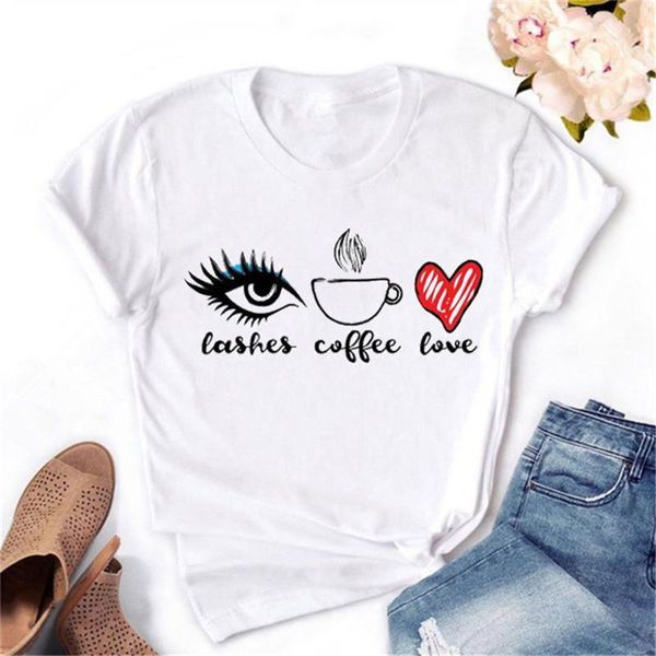 

women t-shirt lashes coffee love kawaii print female tshirts summer casual funny t shirt gift for lady yong girl tee, White