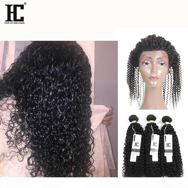 

hc malaysian kinky curly 360 lace frontal closure with bundles 3 bundles hair extension weave with 360 lace frontal full lace frontal human, Black;brown