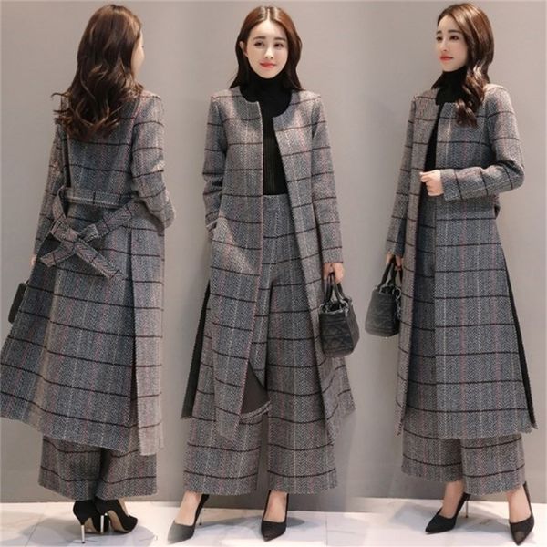 

knee length long trench coat and wide leg trouser autumn winter womens casual pantsuit office lady plaid two-piece pants suits 201030, White