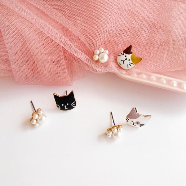 

stud korean fun cute metal drop oil cat imitation pearl claw asymmetric small earrings personality sweet girl women jewelry, Golden;silver
