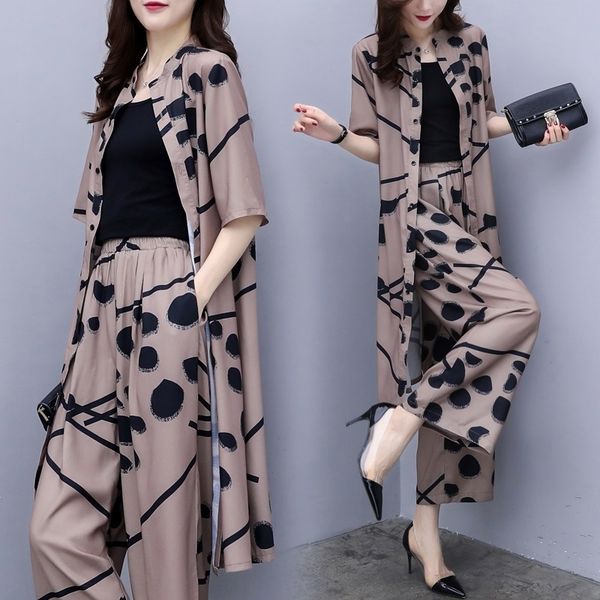 

mm87l casual women's summer 2019 new korean style suit large size chiffon cardigan pants fashion two-piece pants wide leg pantswide l, Gray
