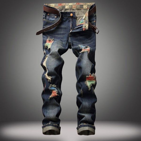 

brand denim designer hole jeans ripped for men size 28-42 2020 autumn winter plus velvet hiphop punk streetwear, Blue