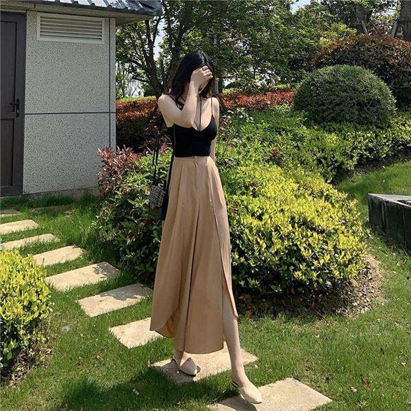 

2021 summer new product port simple small sling high waist irregular loose wide leg pants single selling womens suit, Gray