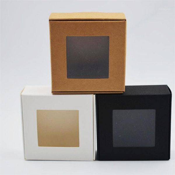 

gift wrap 30pcs/lot square white/black/kraft window box packaging small boxes with pvc for candy/soap/jewelry display 3.221