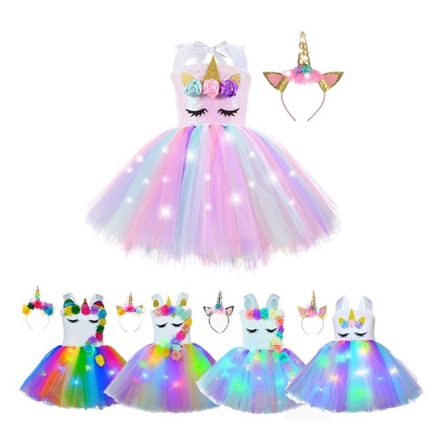 

girl unicorn dresses for girls tutu princess party with led lights flower birthday cosplay costume clothing, Red;yellow