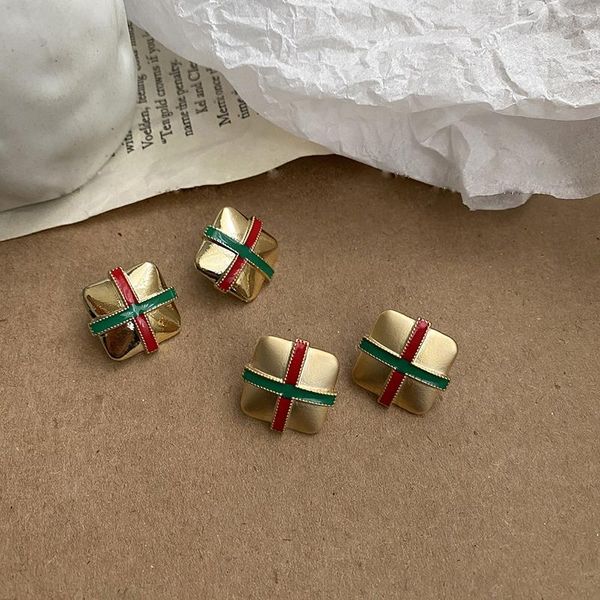 

gsold new trendy geometric square earrings vintage red green enamel cross stud earring temperament women daily party jewelry, Golden;silver