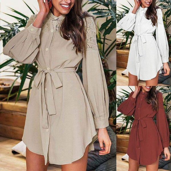 

elegant dresses women solid autumn winter puff sleeve buttons lace patchwork belt shirt a-line high waist dress long sleeve, Black;gray