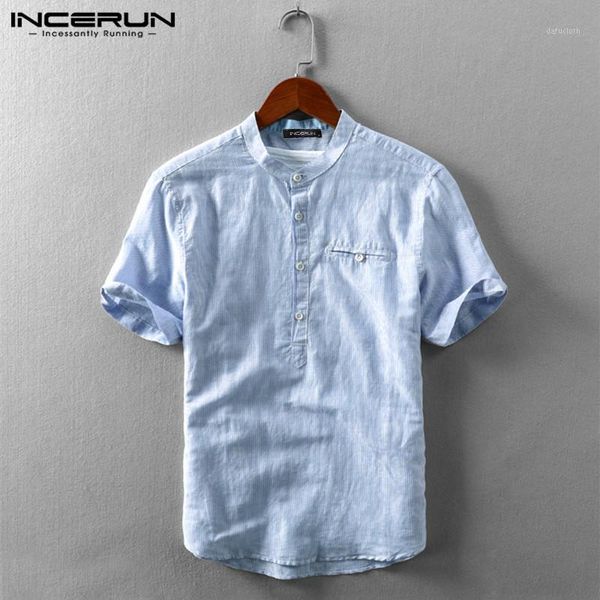 

incerun men striped shirts casual short sleeve stand collar blouse solid color buttons camisa leisure breathable blusa plus size1, White;black