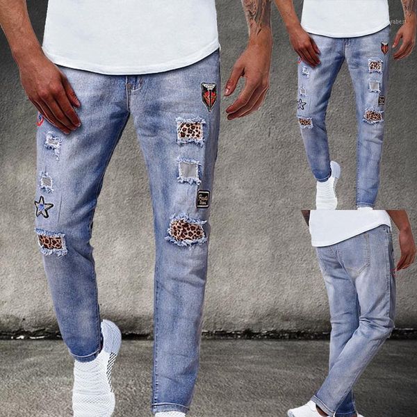 

men's loose fit denim pants ripped pants men's print jeans wild with pockets1, Blue