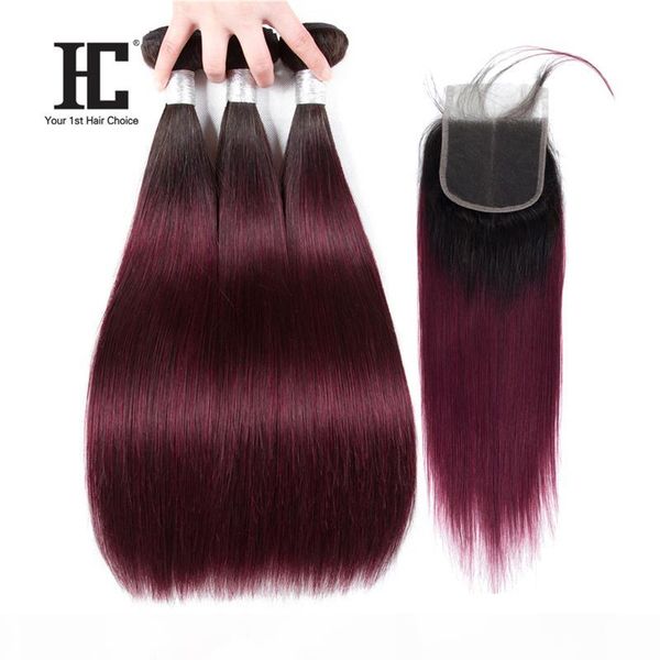 

hc straight human hair with lace closure 4*4 t1b 99j ombre brazilian hair bundles extensions 3 bundles with middle part closure 4pcs lot, Black;brown