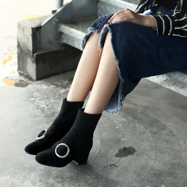 

boots big size 9 10 11-15 women shoes ankle for ladies belt buckle knit1, Black