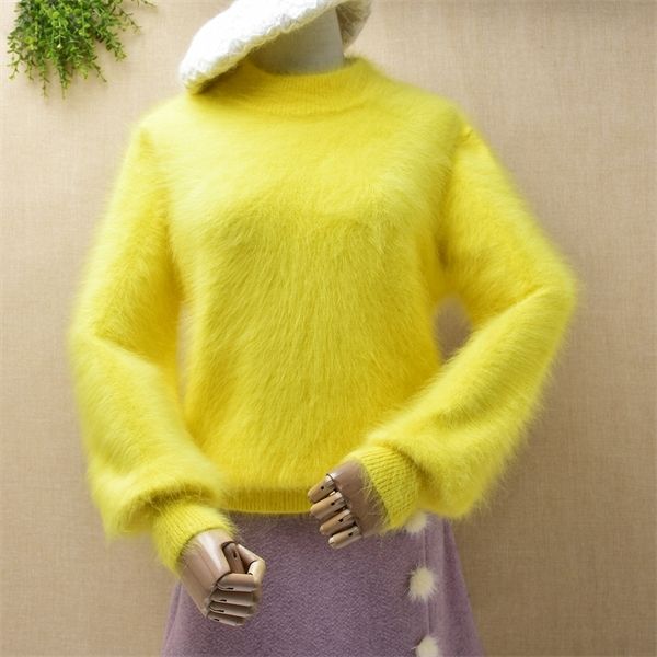 

ladies women cute yellow hairy mink cashmere medium turtleneck long lantern sleeves loose pullover angora rabbit fur jumper h1211, White;black