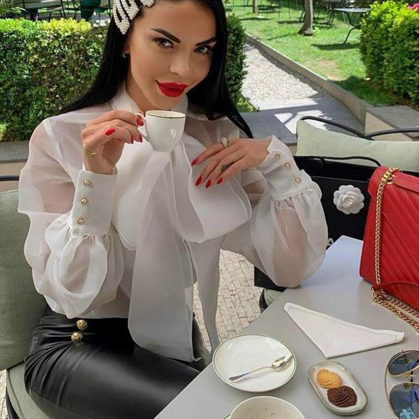 

new 2020 fashion women elegant see through sheer mesh blouse puff long sleeve club, White