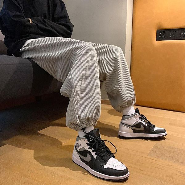 

corduroy pants men's sports casual straight trousers nine-point hip-hop drawstring trousers spring autumn solid male clothes, Black