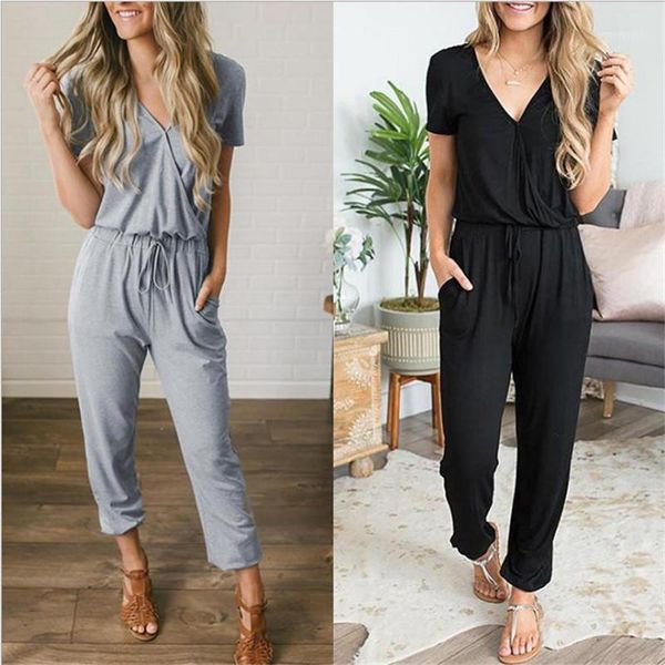 

women solid color short sleeve v neck casual lace up long rompers loose jumpsuit1, Black;white