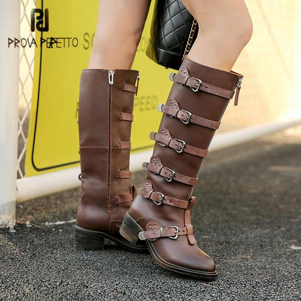 

prova perfetto leisure do old genuine leather women's thigh high boots mixed colors rivet buckle zipper-sid non-slip lady boots, Black