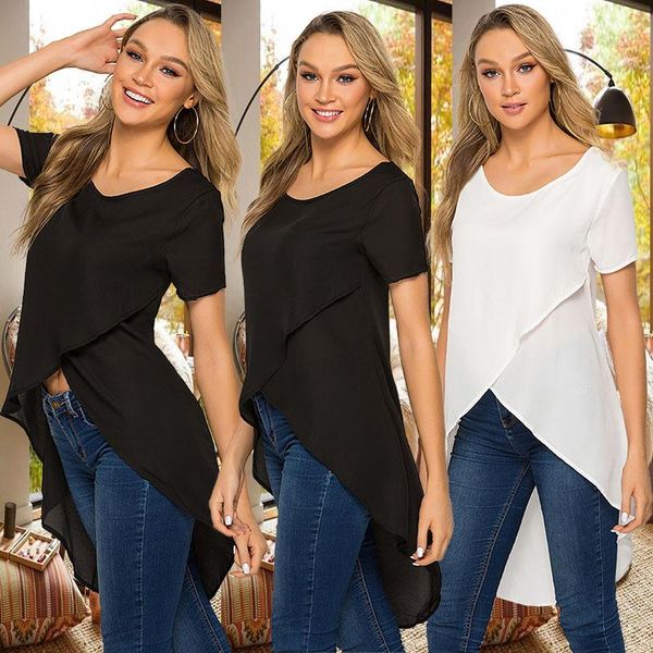 

fashion summer t-shirt round collar front short back long short sleeve hirt casual loose t-shirt for women, White