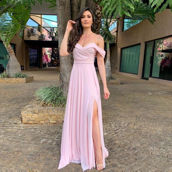 

off shoulder high split long prom dresses with pleats sweep trian chiffon formal evening party gowns, Black