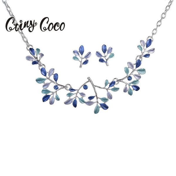 

earrings & necklace women's fashion enamel leaf and stud sets 2021 trendy alloy silver color jewellery jewelry set1