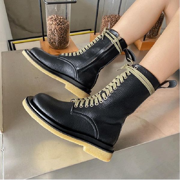 

boots 2021 casual women flat round toe pu leather waterproof lace up ankle designer black western cowboy
