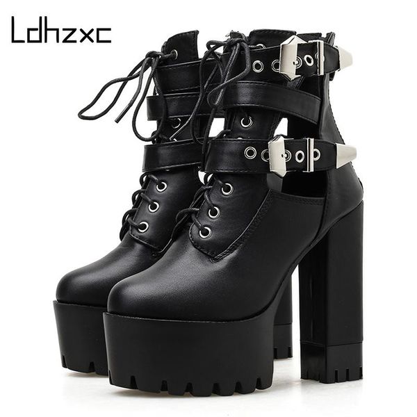 

ldhzxc 2020 platform ankle boots women gothic black leather utral high heels shoes metal buckle nightclub shoes winter