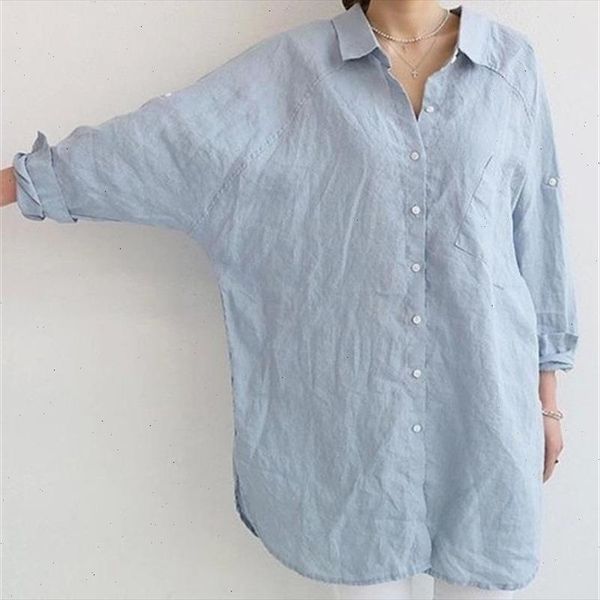 

loose women blouse shirts blusas shirt womens spring summer long turning sleeve and blouses casual linen plus blue beach, White