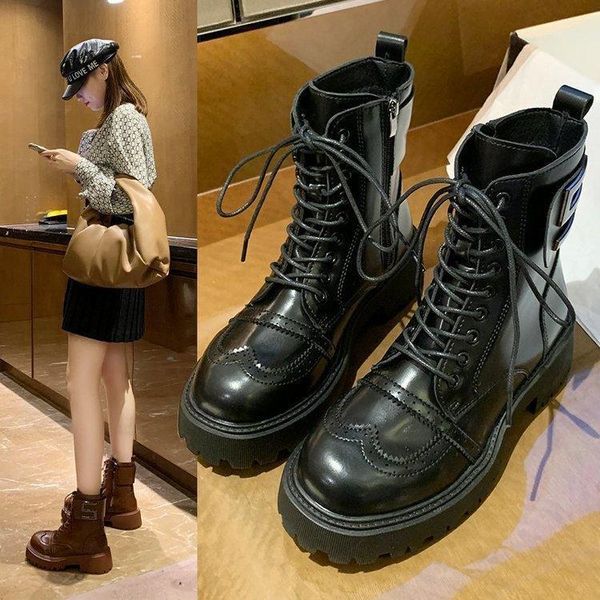 

boots 2021 winter designer women warm fur waterproof lace up wedges ankle thick bottom platform punk shoes1, Black